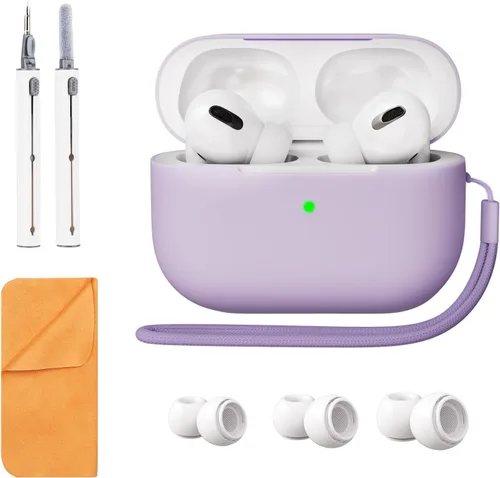 Miniatura 12 de Funda de silicona compatible con Apple AirPods Pro de 2ª generación, con kit de limpieza y 3 pares de puntas de repuesto para las orejas, LED