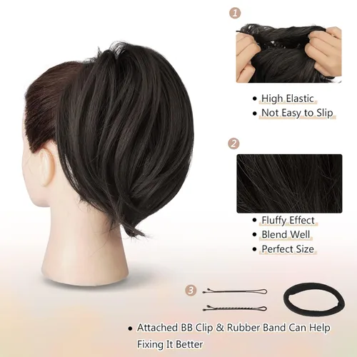 Miniatura 3 de BARSDAR Extensiones de Moño de Cabello Liso, Extensiones de Moño de Cabello Castaño de Cola de Caballo Corta, Piezas de Cabello de Moño Desordenado
