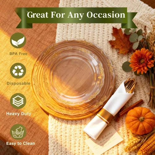 Miniatura 3 de U-QE 175 platos y servilletas de plástico dorado para fiestas, juego de vajilla transparente y dorado para 25 invitados, 25 platos llanos, 25 platos