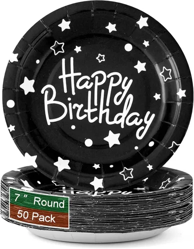 Platos de papel de fiesta de feliz cumpleaños, platos de postre negros, 7 pulgadas, 50 unidades, lunares de aluminio para decoraciones de fiesta de