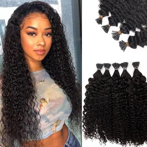 Miniatura 10 de Extensiones de cabello humano ondulado con punta I para mujer, extensiones de cabello Remy con punta de palo de fusión fría, pegamento de queratina