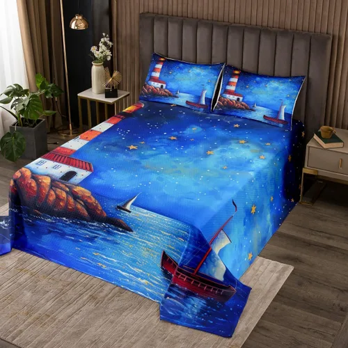 Miniatura 9 de Erosebridal Juego de colcha náutica, juego de edredón de lancha de vela, faro, acuarela con temática oceánica, juego de ropa de cama de verano