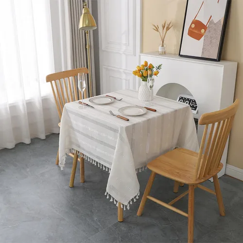 Miniatura 11 de Gernaice Mantel bordado de rayas rústicas y pequeñas con borlas cuadradas de algodón y lino, sin arrugas, lavable, para mesita de noche, café, Blanco