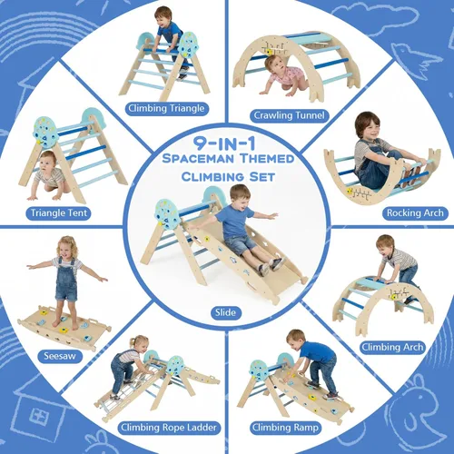 Miniatura 4 de HONEY JOY Pikler - Juego de triángulos plegables 9 en 1 con arco, rampa, cuerda de escalada y escalera, parque infantil interior para bebés, Azul