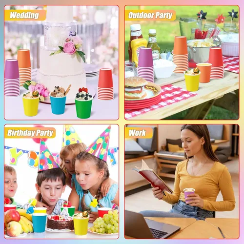 Miniatura 7 de KesaPlan 60 vasos de papel desechables de 9 onzas, vasos de plástico para fiestas, vasos de papel arcoíris, 6 colores para bebidas frías calientes