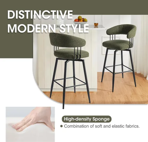 Miniatura 6 de Glitzhome Juego de 2 taburetes de bar giratorios de 31.5 pulgadas de altura de asiento, modernos taburetes de bar de tela verde cazador de mediados