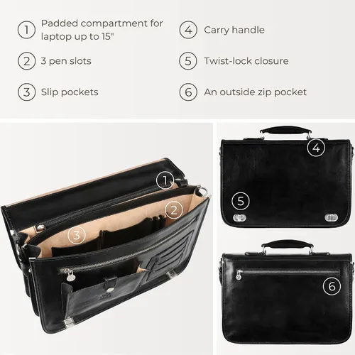 Miniatura 6 de Time Resistance Maletín de cuero para hombres - Maletín para laptop de cuero italiano de grano completo - Bolso de mensajero - Caja de regalo