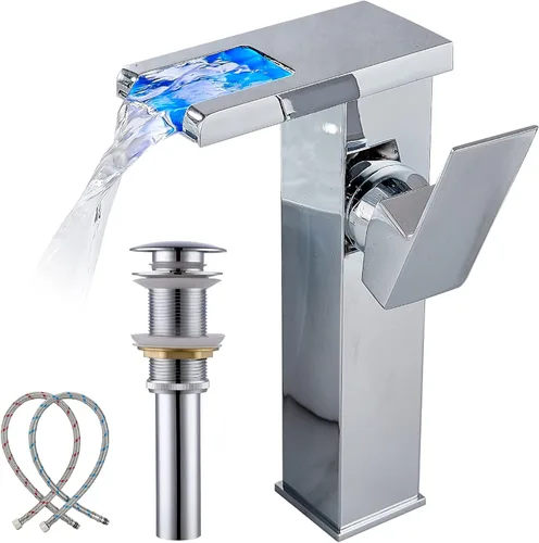 Miniatura 11 de Grifo para Lavabo Tipo Recipiente Cascada Dorado Negro de Un Solo Orificio con Desagüe Pop-Up Sin Rebosadero y Líneas de Suministro Grifos de Baño