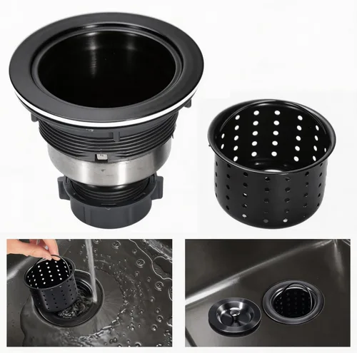 Miniatura 3 de Desagüe de Fregadero de Cocina de 3-1/2 Pulgadas Negro, Kit de Montaje de Drenaje de Fregadero, Cesta Coladora Profunda Extraíble con Tapón