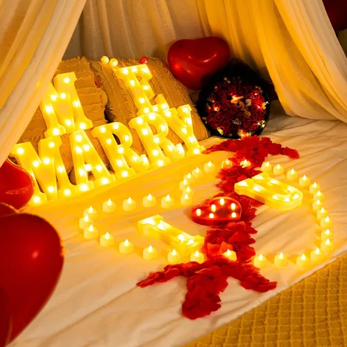 Miniatura 6 de Homemory Letras Iluminadas "I Love U" para Propuestas y Decoraciones, Letrero de "I Love U" con 24 Velas Sin Llama, 1000 Pétalos de Rosa Rojos 1