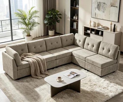 Miniatura 19 de VANOMi - Sofás seccionales de 6 plazas para sala de estar, sofá modular convertible de 118" en forma de nube, cómodos sofás de chenilla y sofás