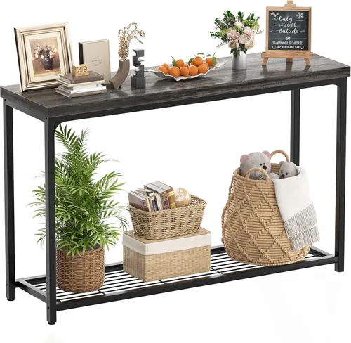 Miniatura 12 de Besiost Mesa consola pequeña de 32 pulgadas, mesa de entrada estrecha de 2 niveles, mesa de sofá con estantes de malla, mesas de consola para sala