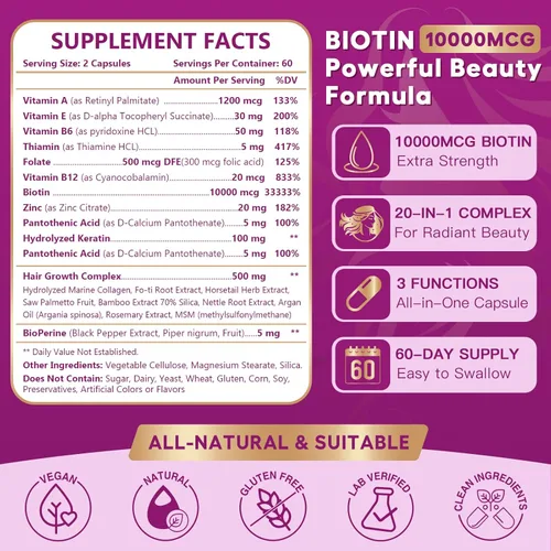 Miniatura 2 de NATURE TARGET Biotin 10000mcg Vitaminas para el crecimiento del cabello – Suplemento para el crecimiento del cabello de máxima fuerza con colágeno