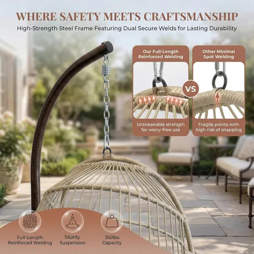 Miniatura 6 de NICESOUL Acogedora silla colgante con soporte para interiores y exteriores, silla columpio de mimbre para patio con cojín y patas doradas, 350