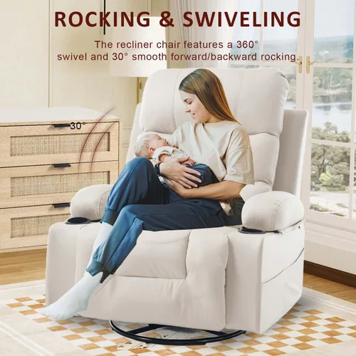 Miniatura 4 de KCQ Rocker - Silla reclinable con calor y masaje, silla reclinable manual de gran tamaño con soporte para tazas, silla mecedora giratoria de piel