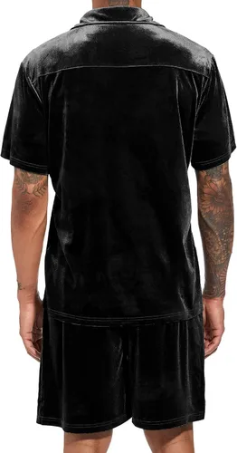 Miniatura 59 de LecGee Conjunto de pantalones cortos casuales de verano para hombre, camisa de terciopelo de manga corta con botones, pantalones cortos de cintura