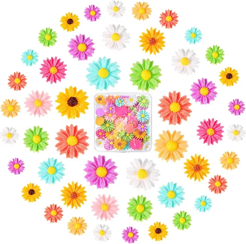Hicarer 50 piezas de flores de margarita de resina de espalda plana con cuentas de epoxi en forma de margarita, mini margaritas decoradas