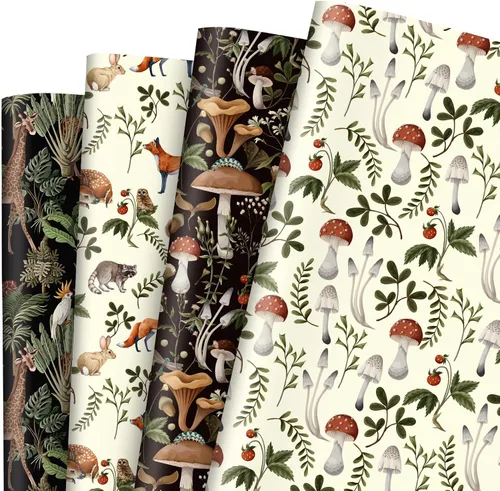 AnyDesign Papel de regalo, papel de regalo de hongos de animales negros y blancos, plegado a granel, papel de arte plano con estampado de jirafa y