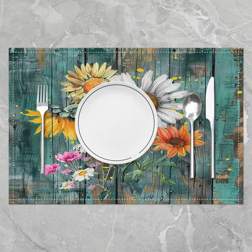 Miniatura 2 de jejeloiu Juego de 4 manteles individuales de girasol, manteles individuales con estampado floral, patrón de flores amarillas, manteles individuales