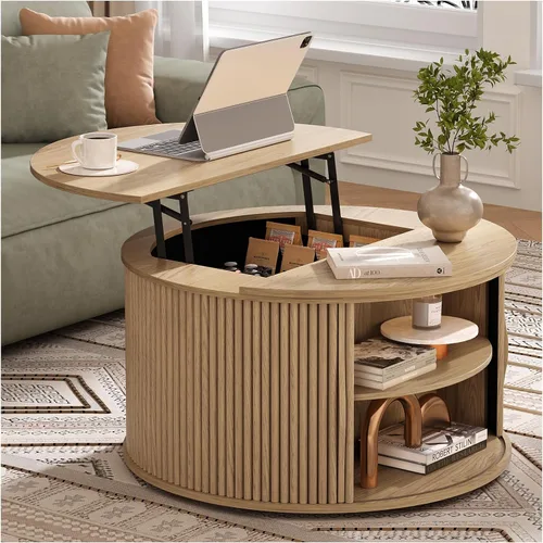 Miniatura 16 de SULIVES Mesa auxiliar ovalada con almacenamiento, mesa de centro multifuncional con tambor elevable, pequeña mesa central acanalada para sala