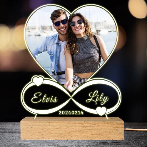 Miniatura 10 de Placa de fotos de acrílico LED personalizada, regalos de aniversario personalizados para parejas con nombres grabados, luz nocturna romántica