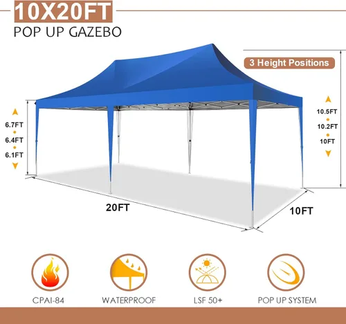 Miniatura 5 de COBIZI Carpa desplegable de 10 x 20 con paredes laterales, carpa de fiesta, cenadores al aire libre, resistente al agua y UV50+, 3 alturas