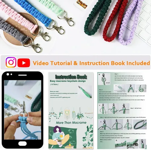 Miniatura 6 de suo long Kits de macramé para adultos principiantes para hacer 8 llaveros de macramé con hilo de 0.118 pulgadas premedido, llavero de metal, libro