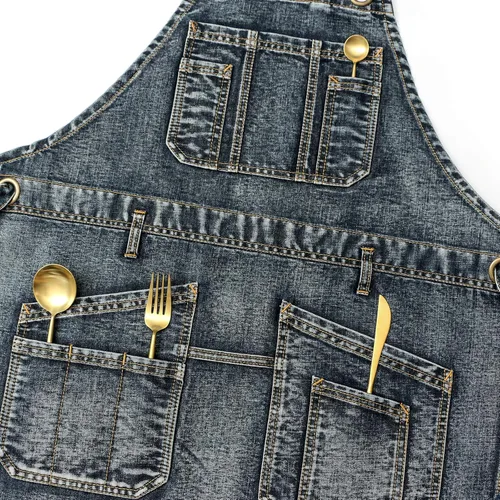 Miniatura 6 de Jeanerlor - Delantal de peluquería de trabajo estilo lavado con bolsillos para mujeres y hombres gris azulado