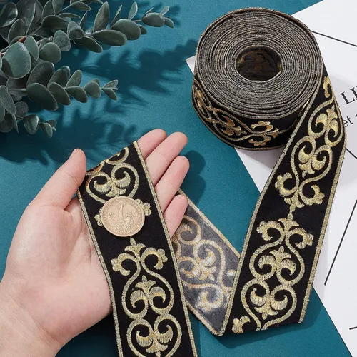 Miniatura 4 de PH PandaHall Cinta jacquard de 1.75 pulgadas, 4 yardas con adhesivo en caliente, ribete floral negro dorado bordado, cinta tejida de tela con flecos