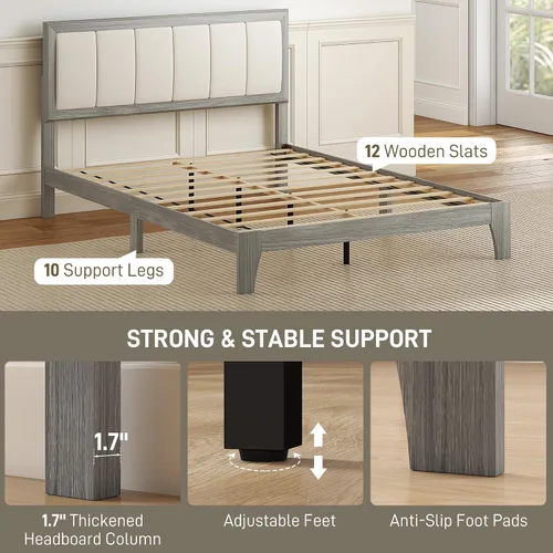 Miniatura 6 de HOMCOM Base de cama de tamaño matrimonial con cabecera tapizada, marco de cama de plataforma con listones de madera, no necesita somier, fácil