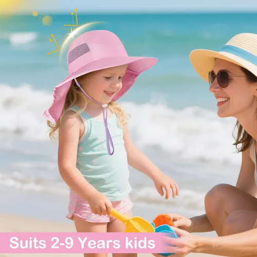 Miniatura 25 de Sombrero de sol para niños, protección UV, unicornio, verano, playa, jugar con ala ancha, solapa para el cuello para niñas y niños
