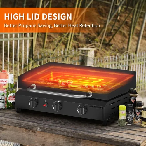 Miniatura 2 de SKOK Parrilla de gas de 3 quemadores con campana, parrilla de propano para exteriores de 25.6 pulgadas, parrilla de gas portátil con parte superior