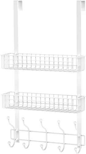 Miniatura 9 de Perchero, colgador sobre la puerta con cesta de malla, estante de almacenamiento desmontable para toallas, sombreros, bolsos, abrigos (negro)