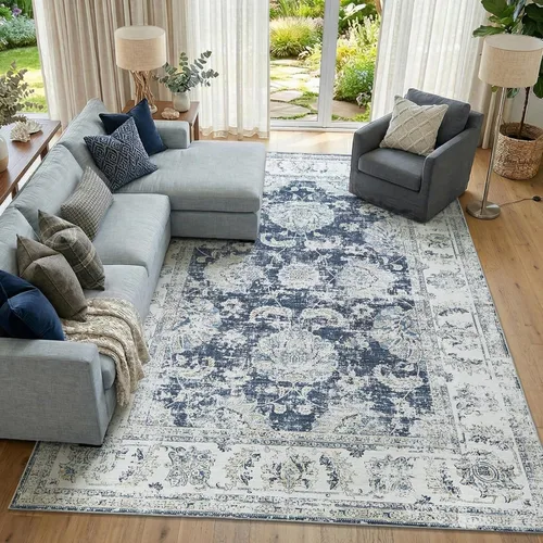Miniatura 85 de Jinchan Fiora - Alfombra redonda de 8 pies, alfombras vintage con diseño floral envejecido, lavable a máquina, antideslizante, de pelo bajo, Azul