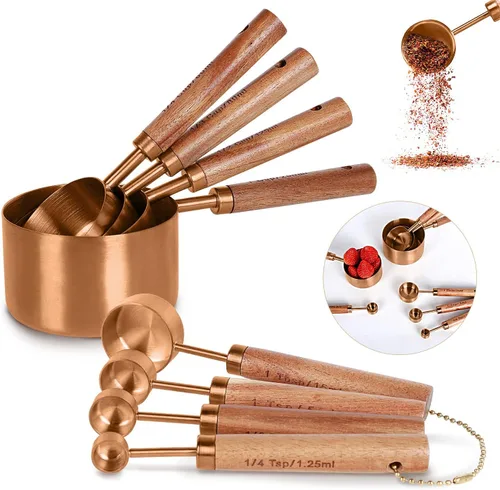 Miniatura 9 de Colección de 8 tazas medidoras doradas y cucharas medidoras, dorado con asas de madera fragante, juego completo de tazas y cucharas medidoras