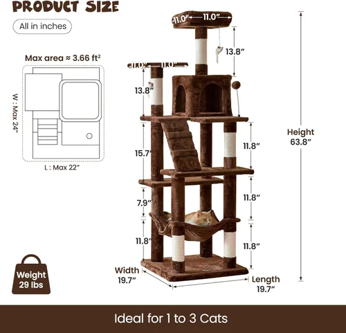 Miniatura 6 de MWPO - Árbol para gatos, multiestructura para gatos grandes con postes rascadores de sisal, plataforma acolchada, hamaca y condominio, torre Marrón
