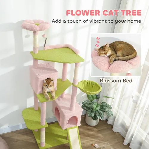 Miniatura 3 de PawHut Árbol de flores para gatos, torre grande de 74 pulgadas para gatos de interior con 2 amplios condominios, postes rascadores de sisal, 2 bolas