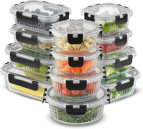 JoyJolt 24 recipientes de almacenamiento de vidrio de borosilicato con tapas, 12 recipientes herméticos/aptos para congelador para almacenamiento de