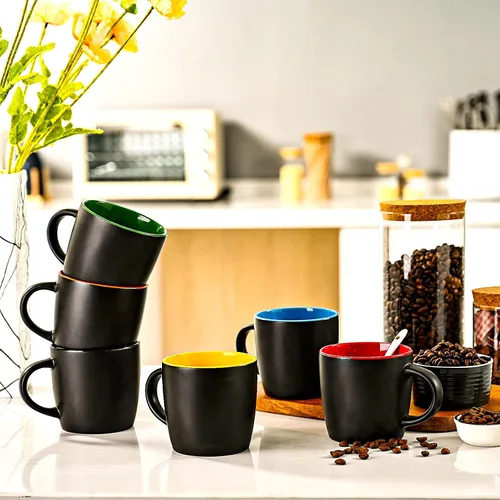 Miniatura 5 de BYCNZB Juego de tazas de café de cerámica de 11 onzas, tazas de porcelana negra mate, varios colores, tazas para café, té, jugo, cacao, juego de 6