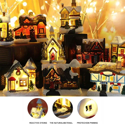 Miniatura 4 de Ochine Casa con luz de pueblo navideño, decoración navideña con luz LED, material de resina, edificios coleccionables de vacaciones