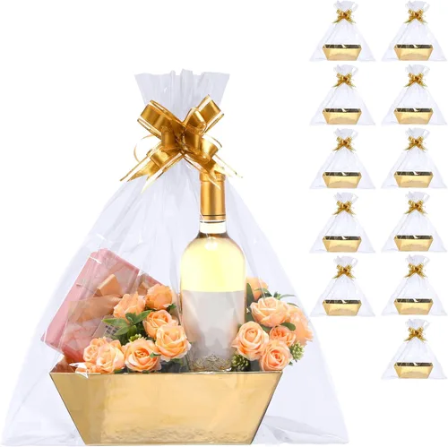 Miniatura 12 de Thenshop 44 Piezas Canasta para Regalos Canasta de Regalo Vacía a Granel Incluye 12 Bandejas de Cartón 12 Bolsas de Plástico y 20 Lazos Decorativos
