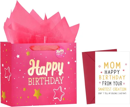 Miniatura 8 de Powbrace Bolsa de regalo de cumpleaños negra con papel de seda y tarjeta de felicitación, 13 x 10.2 x 4.9 pies, mediana