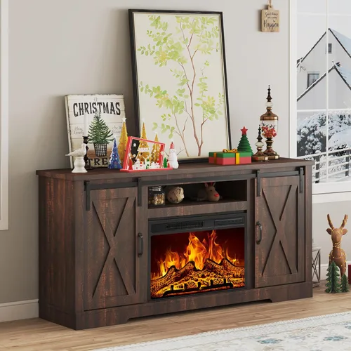 Miniatura 8 de AMERLIFE Soporte de TV con chimenea de 59 pulgadas para televisores de hasta 65 pulgadas, centro de entretenimiento de granja con puertas correderas