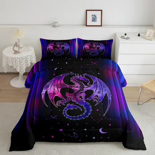 Miniatura 17 de Feelyou Juego de ropa de cama con diseño de dragón y galaxia, cielo estrellado, para niños y niñas, diseño de dragón, decoración colorida, colección