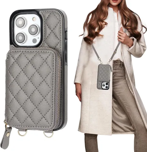 Bocasal Funda tipo cartera cruzada para iPhone 14 Pro, bloqueo RFID, de piel sintética, con cremallera, funda tipo cartera con función atril y Gris