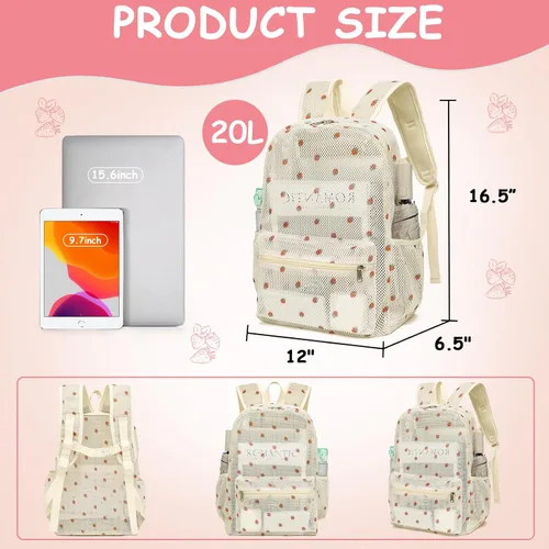 Miniatura 3 de CAMTOP Mochila de malla para niños y niñas, mochila transparente para preescolar, mochila casual para escuela, playa, viajes, deportes (fresa beige)