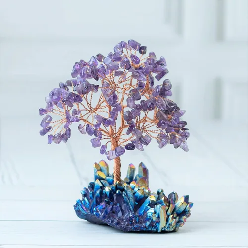 Miniatura 7 de Árbol de cristal de amatista con base de racimo de titanio arcoíris de Crocon, árbol de la vida para estante, dormitorio, regalos de cumpleaños
