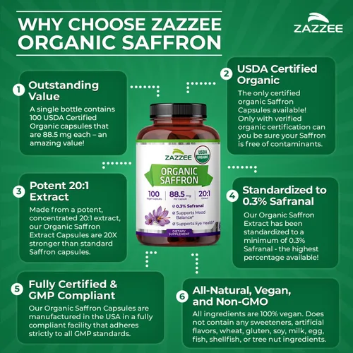 Miniatura 6 de Zazzee USDA Extracto orgánico 20:1 de azafrán, 88.5 mg, 0.3% safranal, 100 cápsulas veganas, suministro para más de 3 meses, extracto concentrado