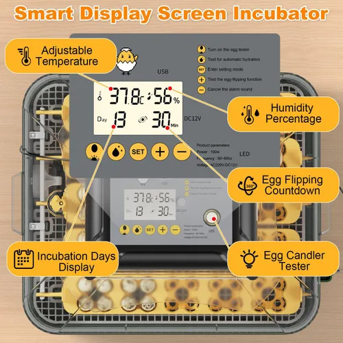 Miniatura 6 de Incubadora de 49 huevos para incubar huevos con giro automático de huevos, pantalla de temperatura y humedad, cuenta regresiva del día