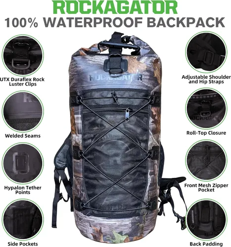 Miniatura 5 de Mochila impermeable Kanarra de 90L de Rockagator para acampada, senderismo, caza - Gran capacidad, cierre enrollable de tapa, Camuflaje, 40 litros